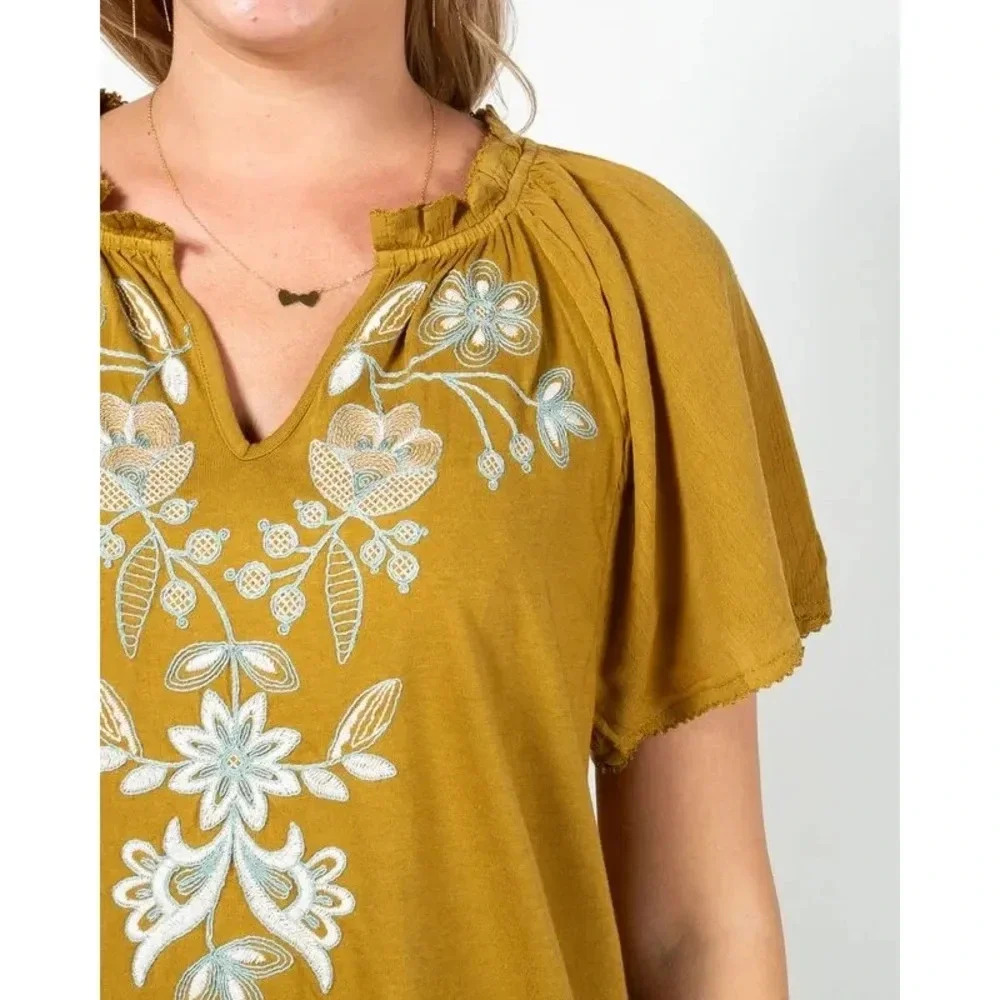 J. Jill Mustard Yellow Embroidered Blouse